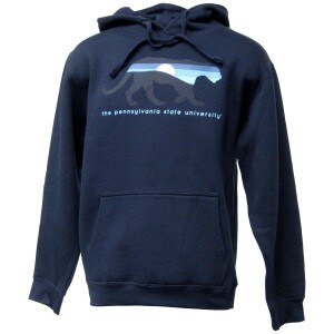 navy hooded sweatshirt with moonlight scene inside Nittany Lion silhouette above The Pennsylvania State University